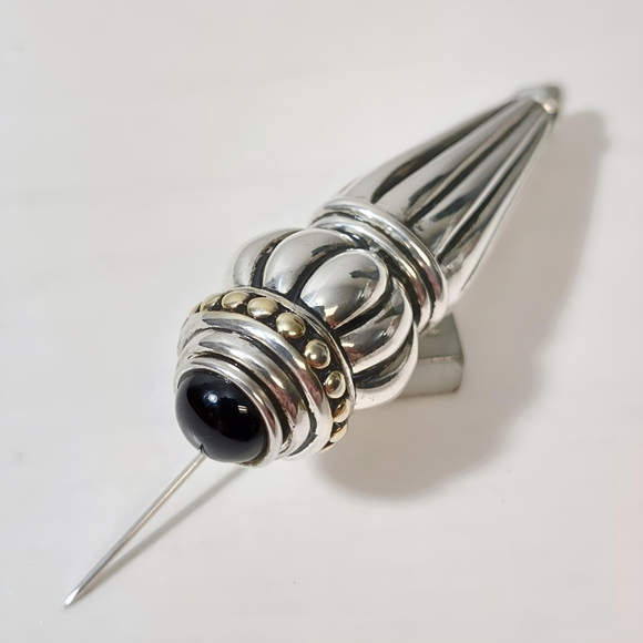 Vintage Pat Airess Sterling Silver Fluted Torch design Black Onyx Brooch Pin - Picture 3 of 9